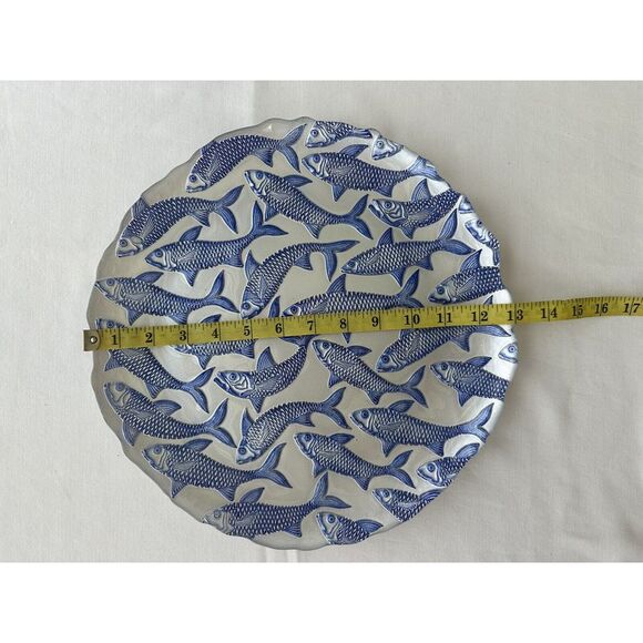 Glass serving decorative plate with blue fish pattern on‎ silver background New - Picture 4 of 4